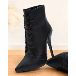 Women's Black Lace-Up Stiletto Ankle Boots with Brogue Detailing - Gothic Witch Shoes for Halloween and Cosplay