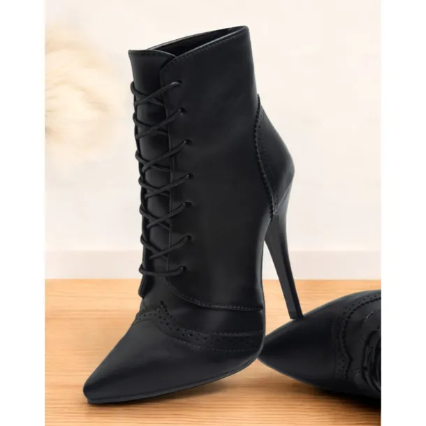 Women's Black Lace-Up Stiletto Ankle Boots with Brogue Detailing - Gothic Witch Shoes for Halloween and Cosplay