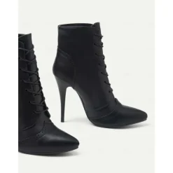 Women's Black Lace-Up Stiletto Ankle Boots with Brogue Detailing - Gothic Witch Shoes for Halloween and Cosplay