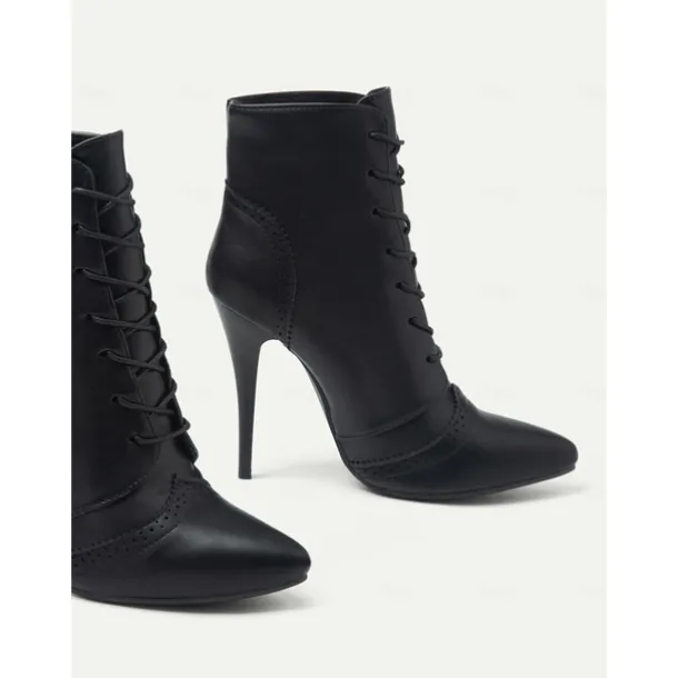 Women's Black Lace-Up Stiletto Ankle Boots with Brogue Detailing - Gothic Witch Shoes for Halloween and Cosplay