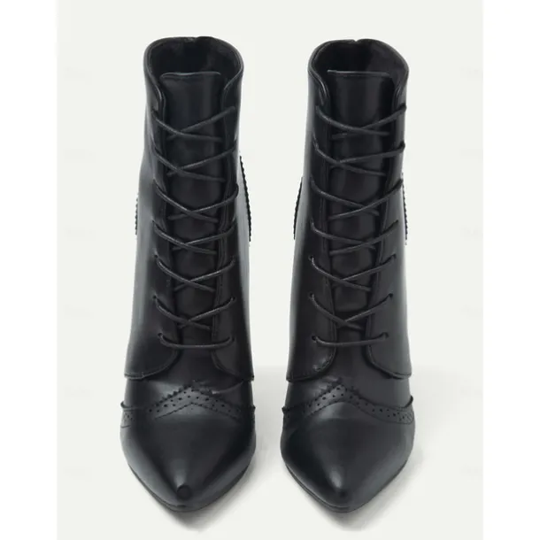 Women's Black Lace-Up Stiletto Ankle Boots with Brogue Detailing - Gothic Witch Shoes for Halloween and Cosplay