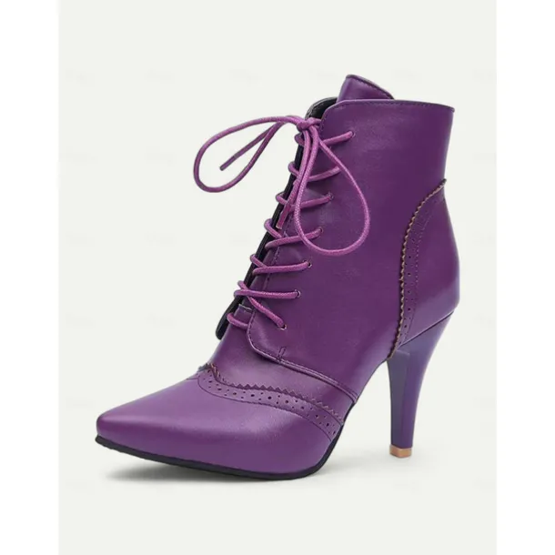 Women's Black Lace-Up Stiletto Ankle Boots with Brogue Detailing - Gothic Witch Shoes for Halloween and Cosplay