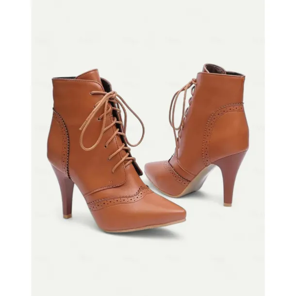 Women's Black Lace-Up Stiletto Ankle Boots with Brogue Detailing - Gothic Witch Shoes for Halloween and Cosplay