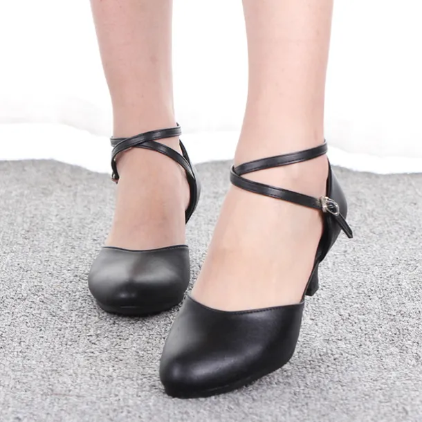 Women's Black Latin Dance Shoes – Comfortable Low Heel Ballroom Shoes with Cross Ankle Straps – Professional Performance & Practice Footwear