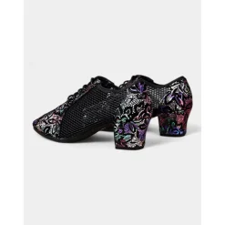 Women's Black Leather Lace-Up Dance Shoes with Mesh Panels and Floral Embroidery, Lightweight Shoes for Ballroom, Latin, and Jazz Dancing