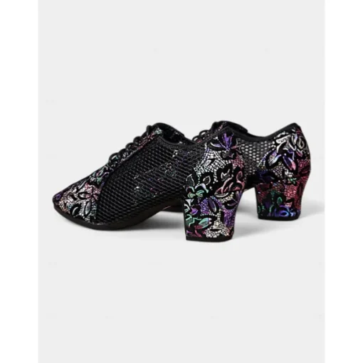 Women's Black Leather Lace-Up Dance Shoes with Mesh Panels and Floral Embroidery, Lightweight Shoes for Ballroom, Latin, and Jazz Dancing