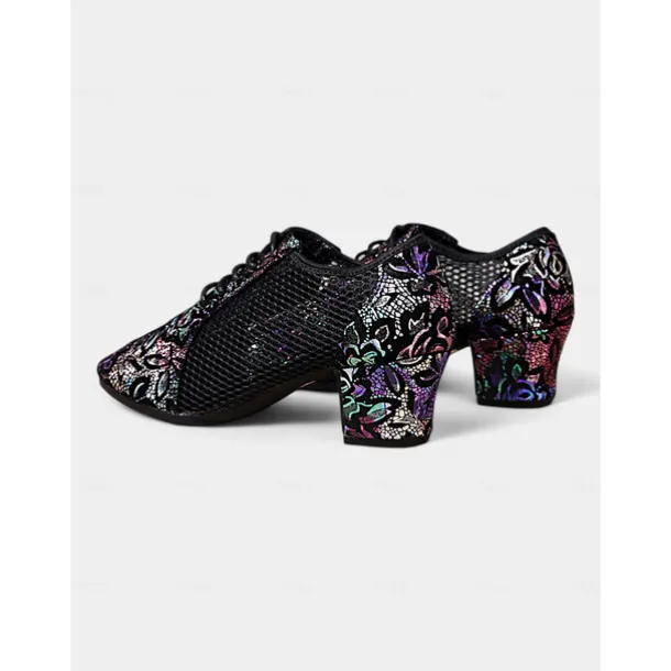 Women's Black Leather Lace-Up Dance Shoes with Mesh Panels and Floral Embroidery, Lightweight Shoes for Ballroom, Latin, and Jazz Dancing