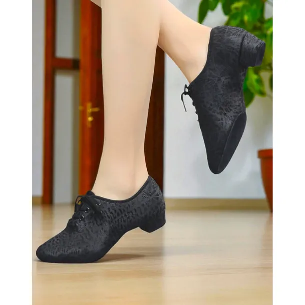 Women's Black Leopard Pattern Lace-Up Dance Shoes - Low Heel Professional Practice Jazz Shoes for Female Dancers and Studio Training