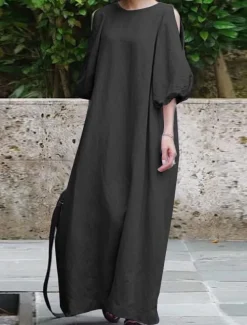 Women's Black Light Purple khaki Summer Spring Fall Maxi Dress Cotton Linen Dresses Black Dress Vintage Dress Elegant Bohemia Fashion Puff Balloon Sleeve Vacation Office Dailywear Loose Fit Crew Neck
