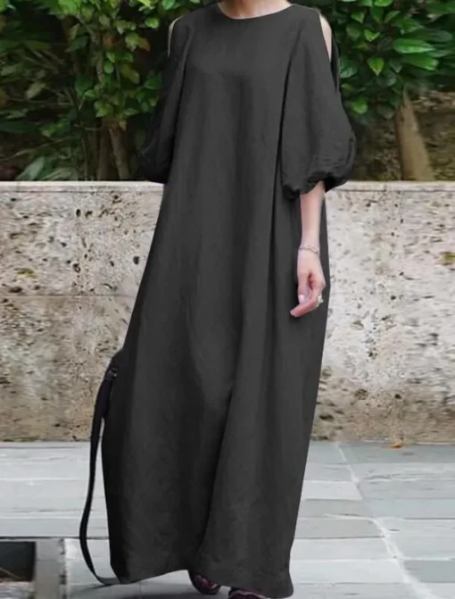 Women's Black Light Purple khaki Summer Spring Fall Maxi Dress Cotton Linen Dresses Black Dress Vintage Dress Elegant Bohemia Fashion Puff Balloon Sleeve Vacation Office Dailywear Loose Fit Crew Neck