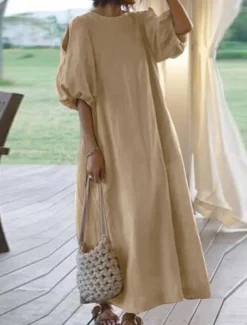 Women's Black Light Purple khaki Summer Spring Fall Maxi Dress Cotton Linen Dresses Black Dress Vintage Dress Elegant Bohemia Fashion Puff Balloon Sleeve Vacation Office Dailywear Loose Fit Crew Neck