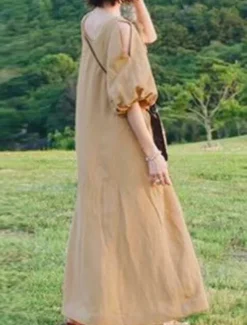 Women's Black Light Purple khaki Summer Spring Fall Maxi Dress Cotton Linen Dresses Black Dress Vintage Dress Elegant Bohemia Fashion Puff Balloon Sleeve Vacation Office Dailywear Loose Fit Crew Neck