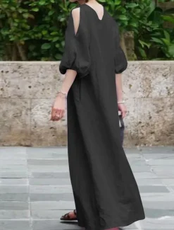 Women's Black Light Purple khaki Summer Spring Fall Maxi Dress Cotton Linen Dresses Black Dress Vintage Dress Elegant Bohemia Fashion Puff Balloon Sleeve Vacation Office Dailywear Loose Fit Crew Neck