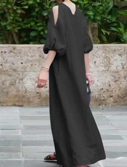 Women's Black Light Purple khaki Summer Spring Fall Maxi Dress Cotton Linen Dresses Black Dress Vintage Dress Elegant Bohemia Fashion Puff Balloon Sleeve Vacation Office Dailywear Loose Fit Crew Neck