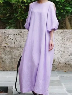 Women's Black Light Purple khaki Summer Spring Fall Maxi Dress Cotton Linen Dresses Black Dress Vintage Dress Elegant Bohemia Fashion Puff Balloon Sleeve Vacation Office Dailywear Loose Fit Crew Neck