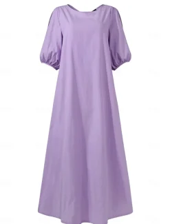 Women's Black Light Purple khaki Summer Spring Fall Maxi Dress Cotton Linen Dresses Black Dress Vintage Dress Elegant Bohemia Fashion Puff Balloon Sleeve Vacation Office Dailywear Loose Fit Crew Neck
