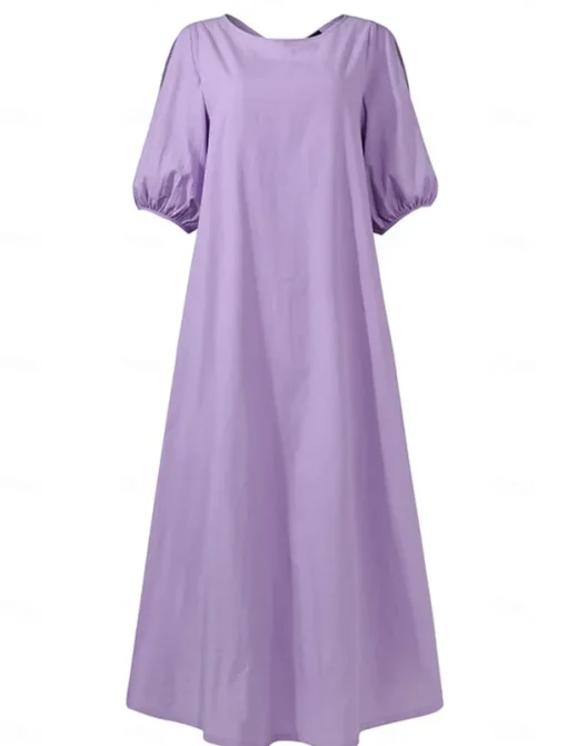 Women's Black Light Purple khaki Summer Spring Fall Maxi Dress Cotton Linen Dresses Black Dress Vintage Dress Elegant Bohemia Fashion Puff Balloon Sleeve Vacation Office Dailywear Loose Fit Crew Neck