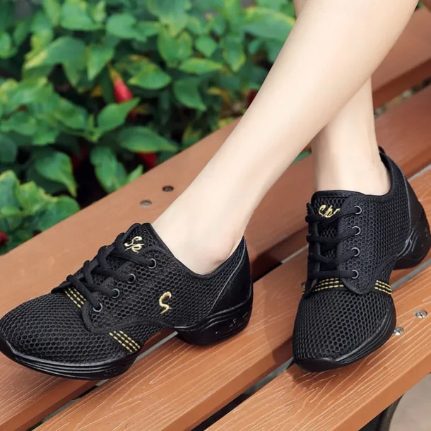 Women's Black Mesh Breathable Dance Sneakers – Lightweight Lace-Up Jazz and Hip-Hop Shoes for Latin, Zumba, and Fitness Training