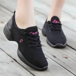 Women's Black Mesh Dance Sneakers with Lace-Up Design | Breathable Lightweight Jazz Shoes for Fitness, Dance Classes, and Zumba
