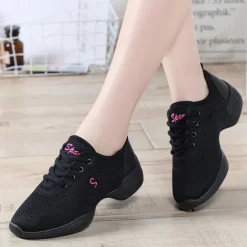 Women's Black Mesh Dance Sneakers with Lace-Up Design | Breathable Lightweight Jazz Shoes for Fitness, Dance Classes, and Zumba