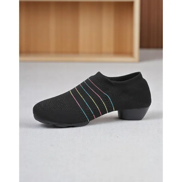 Women's Black Mesh Dance Shoes with Kitten Heel and Colorful Stripes - Elegant Adult Dance Shoes for Ballroom and Latin Dance