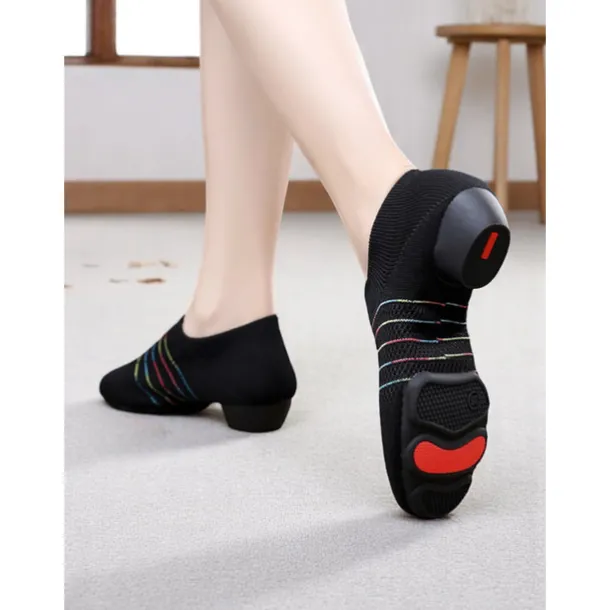 Women's Black Mesh Dance Shoes with Kitten Heel and Colorful Stripes - Elegant Adult Dance Shoes for Ballroom and Latin Dance