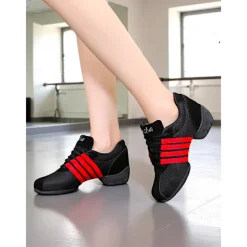 Women's Black Mesh Dance Sneakers - Lightweight Breathable Jazz and Hip Hop Practice Shoes with Red Stripes for Fitness and Performance