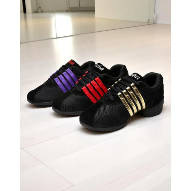 Women's Black Mesh Dance Sneakers - Lightweight Breathable Jazz and Hip Hop Practice Shoes with Red Stripes for Fitness and Performance