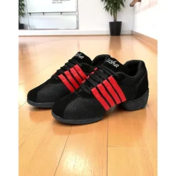 Women's Black Mesh Dance Sneakers - Lightweight Breathable Jazz and Hip Hop Practice Shoes with Red Stripes for Fitness and Performance