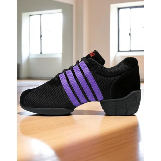 Women's Black Mesh Dance Sneakers - Lightweight Breathable Jazz and Hip Hop Practice Shoes with Red Stripes for Fitness and Performance