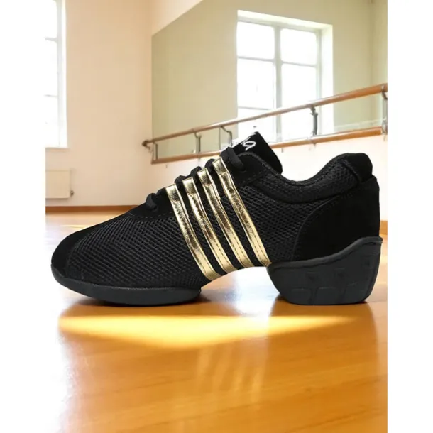 Women's Black Mesh Dance Sneakers - Lightweight Breathable Jazz and Hip Hop Practice Shoes with Red Stripes for Fitness and Performance