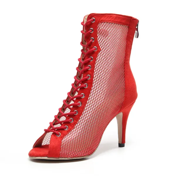 Women's Black Mesh Lace-Up Dance Shoes with Open-Toe Design - Stylish High Heel Performance Shoes for Salsa, Tango, and Latin Dance