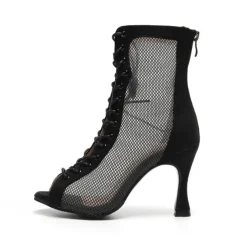 Women's Black Mesh Lace-Up Dance Shoes with Open-Toe Design - Stylish High Heel Performance Shoes for Salsa, Tango, and Latin Dance