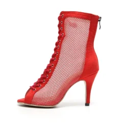 Women's Black Mesh Lace-Up Dance Shoes with Open-Toe Design - Stylish High Heel Performance Shoes for Salsa, Tango, and Latin Dance