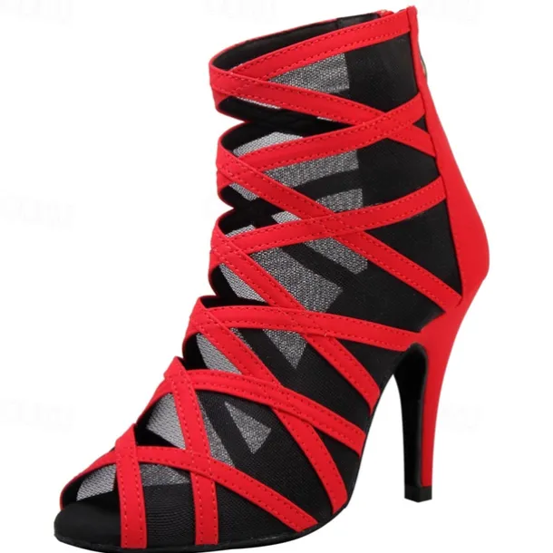 Women's Black Mesh Strappy Dance Boots with Peep Toe - Sexy Stiletto Heels for Salsa, Ballroom, and Latin Dance Performances