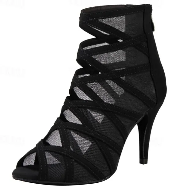 Women's Black Mesh Strappy Dance Boots with Peep Toe - Sexy Stiletto Heels for Salsa, Ballroom, and Latin Dance Performances