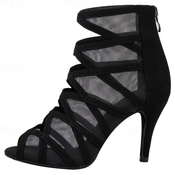 Women's Black Mesh Strappy Dance Boots with Peep Toe - Sexy Stiletto Heels for Salsa, Ballroom, and Latin Dance Performances