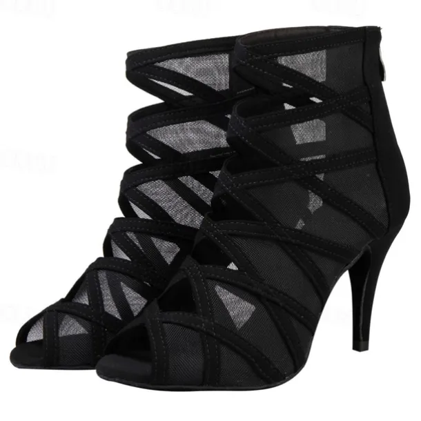 Women's Black Mesh Strappy Dance Boots with Peep Toe - Sexy Stiletto Heels for Salsa, Ballroom, and Latin Dance Performances