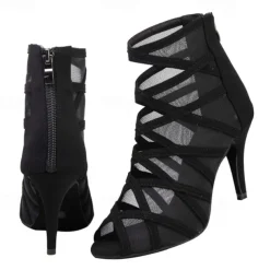 Women's Black Mesh Strappy Dance Boots with Peep Toe - Sexy Stiletto Heels for Salsa, Ballroom, and Latin Dance Performances