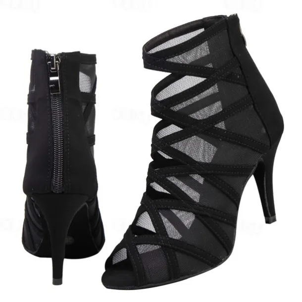 Women's Black Mesh Strappy Dance Boots with Peep Toe - Sexy Stiletto Heels for Salsa, Ballroom, and Latin Dance Performances