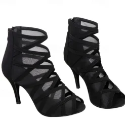Women's Black Mesh Strappy Dance Boots with Peep Toe - Sexy Stiletto Heels for Salsa, Ballroom, and Latin Dance Performances