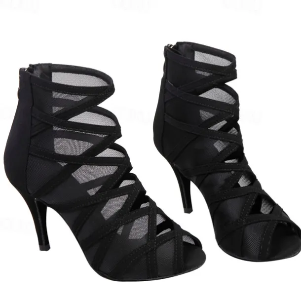 Women's Black Mesh Strappy Dance Boots with Peep Toe - Sexy Stiletto Heels for Salsa, Ballroom, and Latin Dance Performances