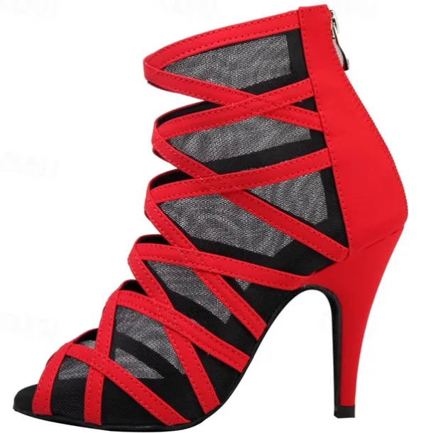 Women's Black Mesh Strappy Dance Boots with Peep Toe - Sexy Stiletto Heels for Salsa, Ballroom, and Latin Dance Performances