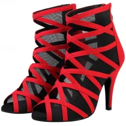 Women's Black Mesh Strappy Dance Boots with Peep Toe - Sexy Stiletto Heels for Salsa, Ballroom, and Latin Dance Performances