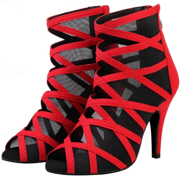Women's Black Mesh Strappy Dance Boots with Peep Toe - Sexy Stiletto Heels for Salsa, Ballroom, and Latin Dance Performances