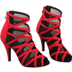 Women's Black Mesh Strappy Dance Boots with Peep Toe - Sexy Stiletto Heels for Salsa, Ballroom, and Latin Dance Performances