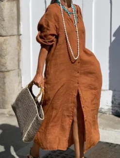 Women's Black Navy Blue Brown Summer Spring Maxi Dress Cotton Linen Dresses Casual Dress Basic Modern Daily Weekend Loose Fit Plain V Neck