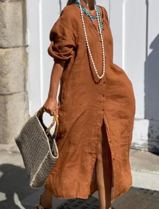 Women's Black Navy Blue Brown Summer Spring Maxi Dress Cotton Linen Dresses Casual Dress Basic Modern Daily Weekend Loose Fit Plain V Neck
