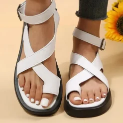 Women's Black Open Toe Sandals with Crisscross Straps and Ankle Buckle, Comfortable Flat Sole Summer Shoes for Walking, Travel, and Casual Wear