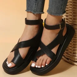 Women's Black Open Toe Sandals with Crisscross Straps and Ankle Buckle, Comfortable Flat Sole Summer Shoes for Walking, Travel, and Casual Wear